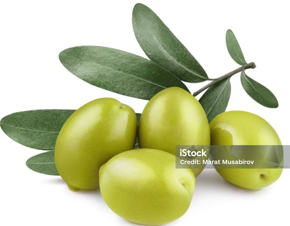 Delicious green olives with leaves, isolated on white background